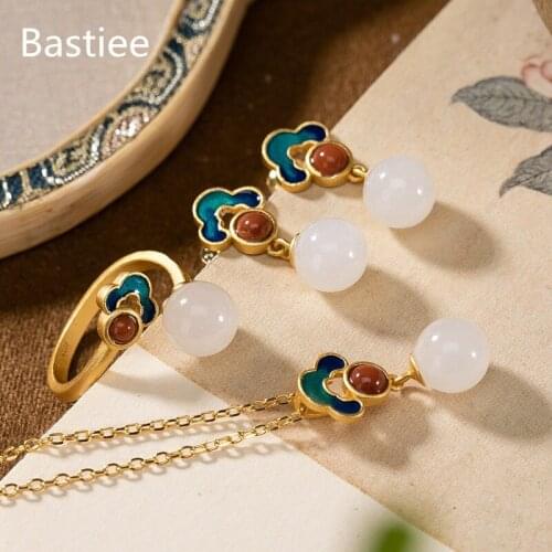 Bastiee Jade Ruyi Silver 925 Jewelry Set For Women Rings Necklace Pendant Studs Earrings Gift Golden Plated Cloisonne Banquet