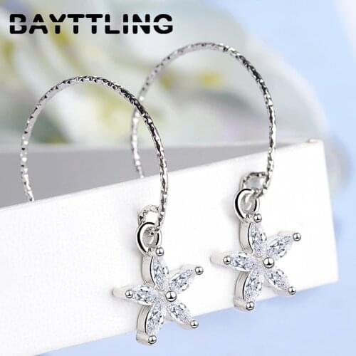 BAYTTLING 925 Sterling Silver 34MM Fine Zircon Flower Star Drop Earrings For Women Fashion Charm Party Jewelry Gift Couple