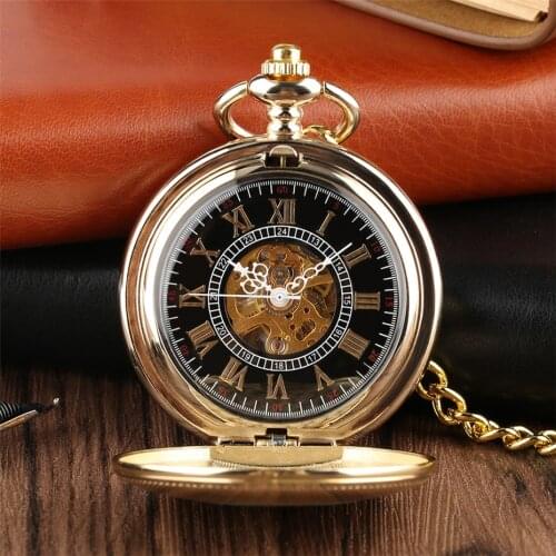 Golden Mechanical Pocket Watch Shield Design Hand Winding Steampunk Cool Pendant Pocket Chain Clock for Men Women as Collectible