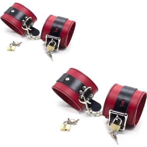 Black and Red Genuine Real Leather Wrist Ankle Cuffs with Locks Sex Bondage Gear Restraint Toys