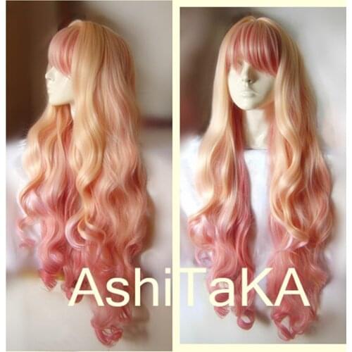 Macross F Sheryl Nome Long Wavy Light Blonde Pink Dream Ombre Heat Resistant Cosplay Costume Wig + Track + Cap
