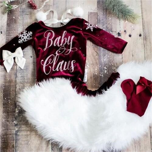 3 Piece Set Toddler Christmas Suit Snowflake Print Long-Sleeves Romper+ Plush Short Skirt + Ball Hairband For Baby Girls