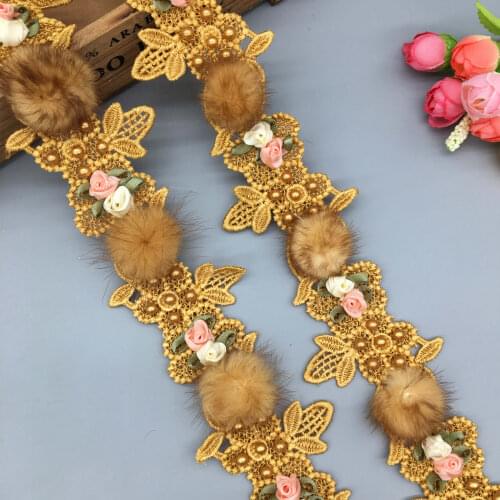 1 yard Gold and Brown Pompom 3D Flower Embroidered Lace Trim Ribbon Fabric Handmade Wedding Sewing Craft For Costume Decoration