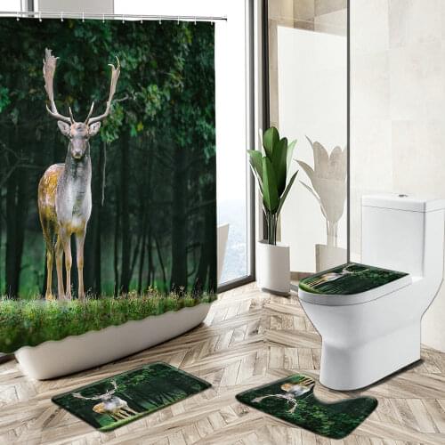 Forest Sika Deer Landscape Shower Curtain Set Natural Scenery Wild Animal Waterproof Bathroom Non-Slip Rug Toilet Cover Bath Mat