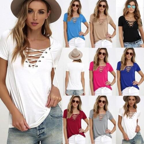 Summer Europe and The United States V Collar Pure Color Short-sleeved Bandages Fashion Sexy T Shirt Coat Multi-color Large Size