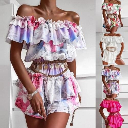Sexy Women Mini Dress Floral Print Ruffle Women Multi-layered Off Shoulder Sleeveless Ruffle Summer Beach Seaside Swim Dress2021