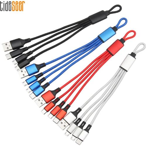 Multi 3 in 1 USB Cable for iPhone Samsung Xiaomi Short Nylon Keychain Portable Micro Usb Type C Charger Charging Cables Cord