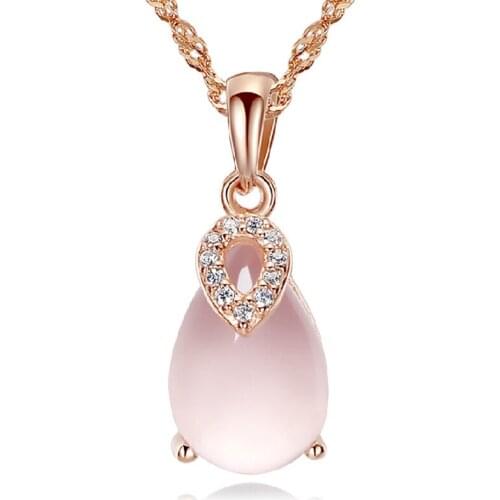 Ociki Ross Quartz CZ Crystal Pink Opal Waterdrop Pendant Necklace Choker for Women Girls Gift Drop Shipping Fashion Jewelry