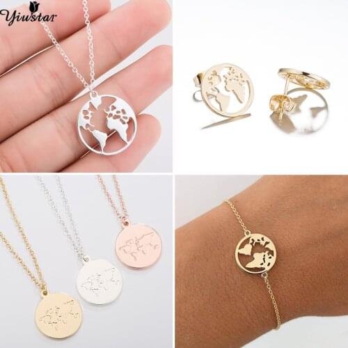 Yiustar Exquisite Geometric Round Wolrd Map Charm Necklace for Women Round Pendant Necklaces Colars Earth Day Gift Petit Collier