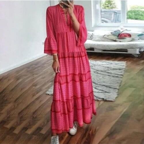 Women Casual Flare Sleeve Loose Long Dress 2021 Spring V Neck Floral Print Party Dress Female Elegant A-Line Maxi Dress Vestidos