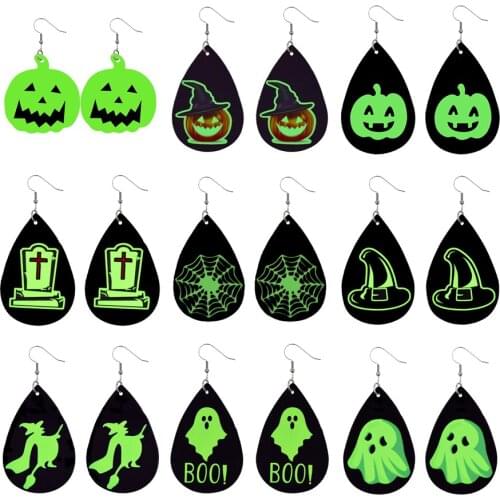 Fantasy Classic Creative Water Drop Shape Glow In The Dark Earrings Women Luminous Leather Pendant Earring Halloween Jewelry