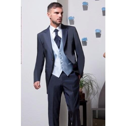 Custom Made Groom Tuxedos Navy Blue Groomsmen Peak Lapel Wedding/Dinner Suits Best Man Bridegroom (Jacket+Pants+Tie+Vest) B588
