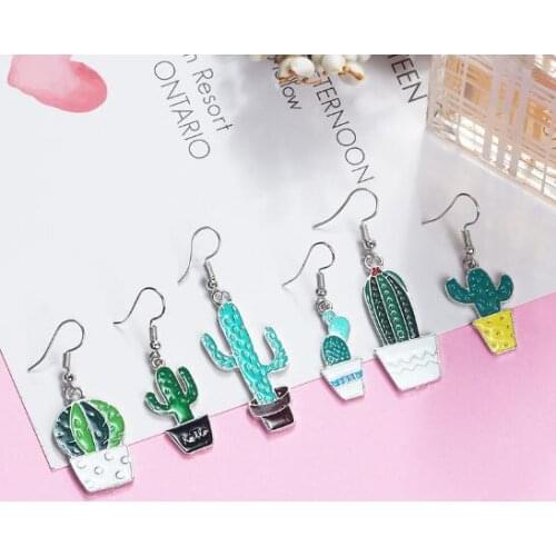 Creative Cartoon Green Plant Cactus Pot Culture Dangle Earrings Funny Party Summer Beach Jewelry Gift Lovely Cactus Earrings