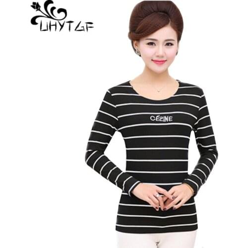 UHYTGF Womens T-shirts fashion striped long sleeve autumn tshirt women harajuku casual female cotton t-shirt 5XL plus size 1014