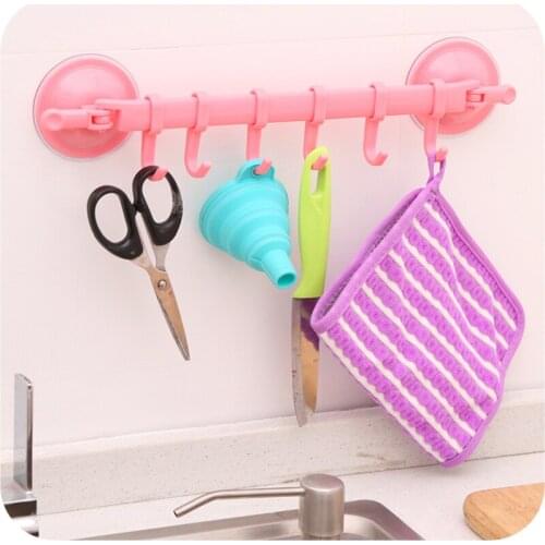 6 Hooks Towel Rack Plastic Suction Cup Kitchen Hanger Organizer Bath Towel Bathroom Hook Cooking Tool Vacuum Storage Rack