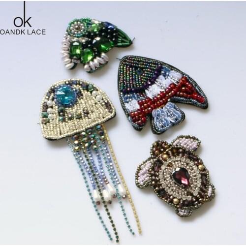 Beaded Rhinestone Cloth Patch Stickers Marine Animal Sewing Emblem Badge Jellyfish DIY Clothes Applique Clothing Sewing Supplies