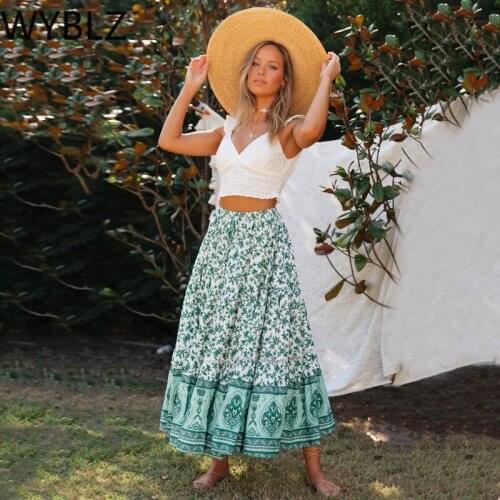 WYBLZ Floral Print Boho Beach Long A-Line Skirt High Waisted Drawstring Ruched Patchwork Women Summer Seaside Vacation Clothing