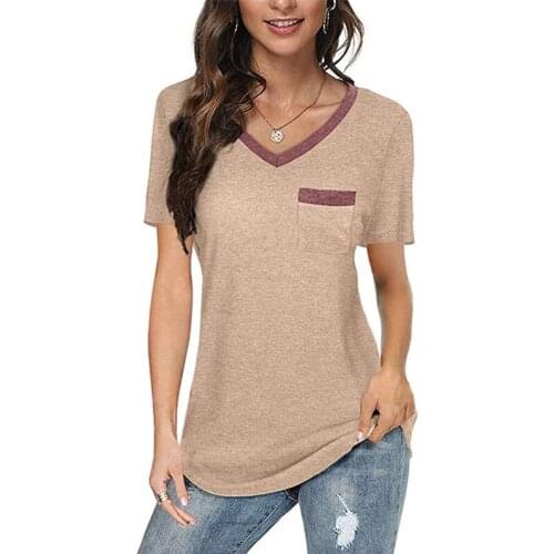 Womens 2021 New Color Matching V-neck Pocket Casual Loose Womens T-shirt