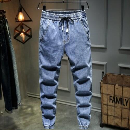 Plus Size M-10XL spring and summer 2021 Fashion drawstring mens small feet denim trousers tie pants slim street teenagers arehm