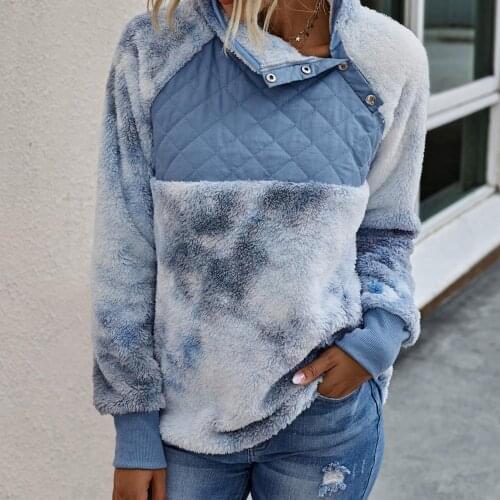 Women Autumn Tie Dye Sweatshirt Slant Button Neck Long Sleeve Warm Pullover