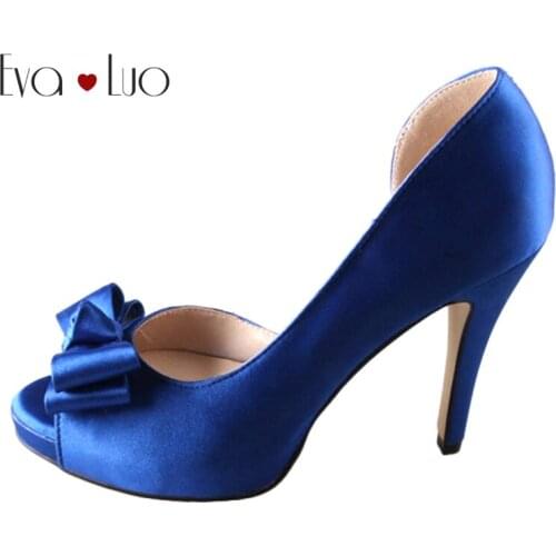CHS392 Cusom Handmade Bow Royal Blue Silk Satin Dress Pumps Bridal Wedding Shoes Women High Heels Dress Shoes Big Size