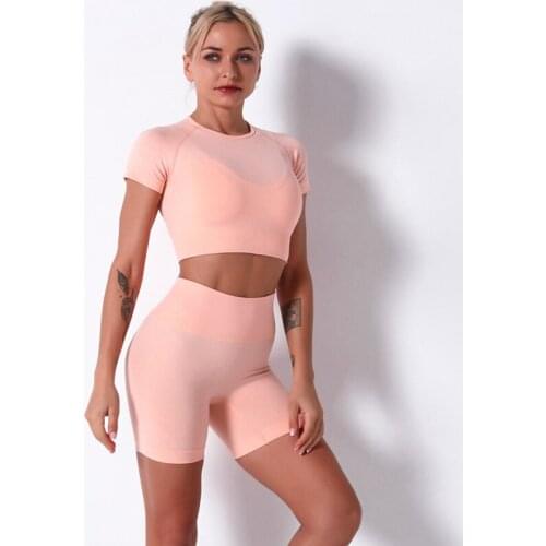 2 Piece Seamless Yoga Set Women Clothing Sport Crop Top T-Shirt+Shorts Gym Workout Sportwear Push Up Leggings Gym Set Women