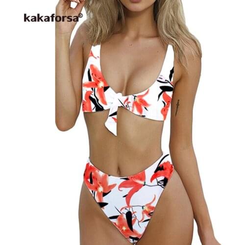 Kakaforsa 2019 Sexy Floral Print Bikini Set Women Knot Front Bandage Bikinis Swimsuit Push Up Bathing Suits Brazilian Biquini
