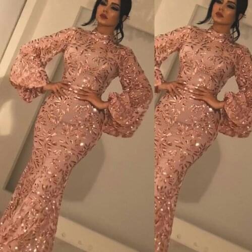 SuperKimJo Rose Pink Evening Dresses Long High Neck Sparkly Mermaid Modest Sparkly Arabic Evening Gown Robe Soiree Femme