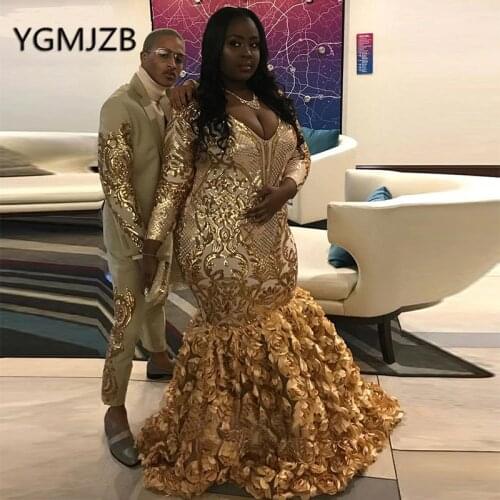 Gold Sequined Mermaid Prom Dresses for Black Girls Long Sleeves Flowers Plus Size African Evening Gowns Graduation Gala Dress