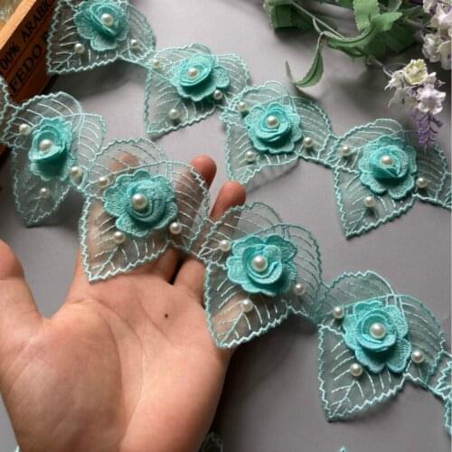 10X Green 7*8cm 3D Heart Pearl Flower Lace Trim Embroidered Lace Ribbon Handmade Wedding Dress Patchwork Sewing Supplies Craft