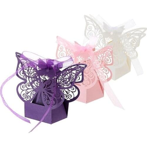 20Pcs Elegant Cutout Butterfly Candy Boxes with Ribbons Birthday Wedding accessories packaging box wedding gifts for guests