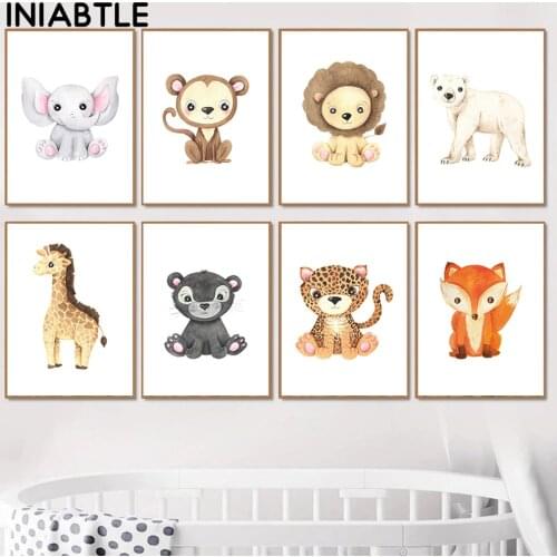 Watercolor Baby Animal Canvas Poster Nursery Wall Art Elephant Giraffe Lion Print Painting Nordic Kid Bedroom Decoration Picture