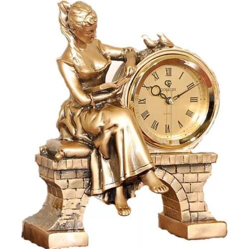 Free Shipping Vintage Figurine Resin Crafts Desktop Clock Reading Beauty Statue European Home Decor Statue Clock