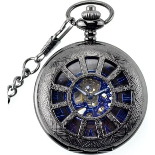 Gun Black Skeleton Mechanical Hand Wind Pocket Fob Watches Clamshell Magnifier Blue Case Womens Watch Pendant Necklace Gift