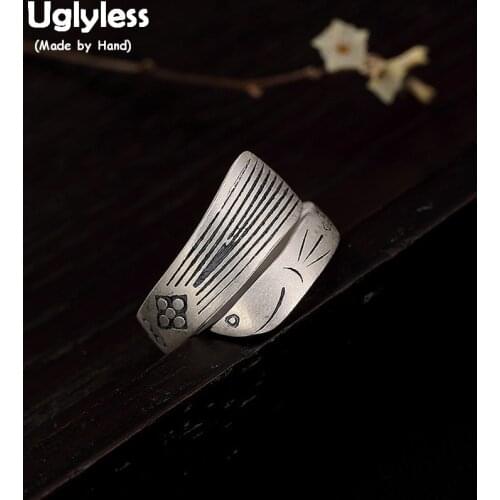 Uglyless 100% Real Solid 990 Full Silver Handmade Ribbonfish Open Rings for Women Ethnic Thai Silver Fish Rings Fine Jewelry