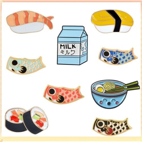 Japanese Food Brooches collection Sushi Milk Ramen Fish Koi flag Bag Clothes Decorative Jewelry Brooch Lapel Enamel Pins Badge