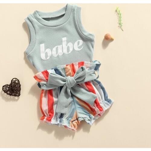 Newest Fashion Newborn Baby Girl Clothes Cotton Letter Sleeveless Tops Colourful Stripe Shorts 2Pcs Outfits Clothes