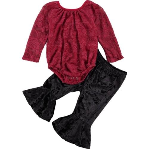 Newborn Baby Girls Clothes Sets Lace Flowers Long Sleeve Romper Bodysuit Tops Flare Velvet Pants 2PCS Autumn Winter Outfits