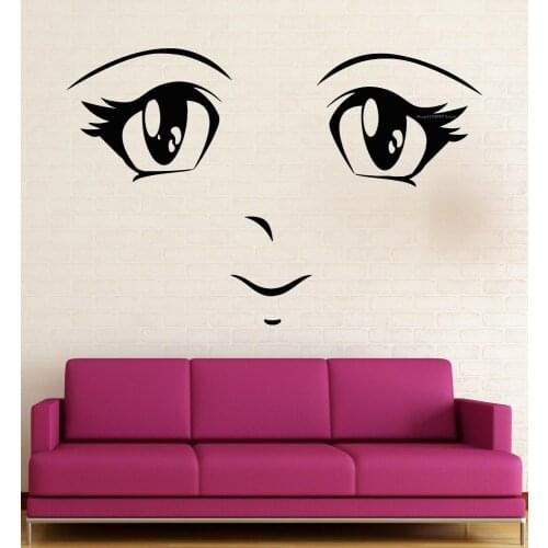 Cartoon girl Face Manga Wall Stickers Lovely Face Big eyes long eyelashes small mouth Anime Eyes Decal for Kids Nursery DG072
