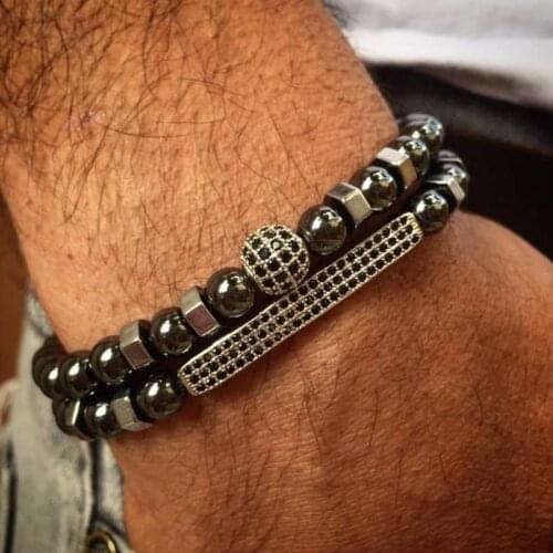 2021 New Trendy Ball Rectangle Charm Bracelet Men 6mm Hematite Beads Bracelet For Men Anniversary Jewelry Gift