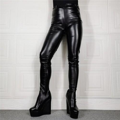 Sexy Bootcuts High Platform Leather Drag Queen/Cosplay Pantyhose Boot Heels Pant Night Club/Runway/Pole Dancing Waist High Botas