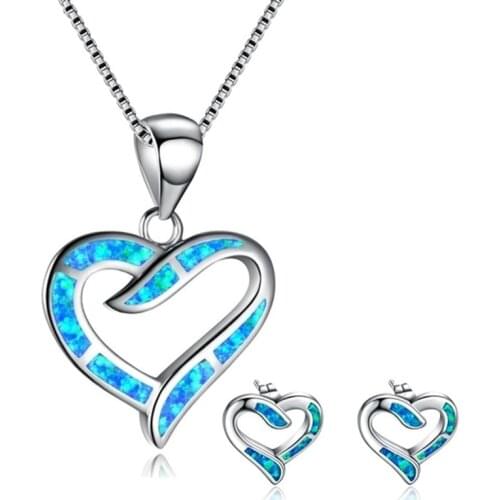 Romantic Heart Accessories Set For Women Imitation Blue Fire Opal Pendant Necklace Earrings Lovers Wedding Party Jewelry