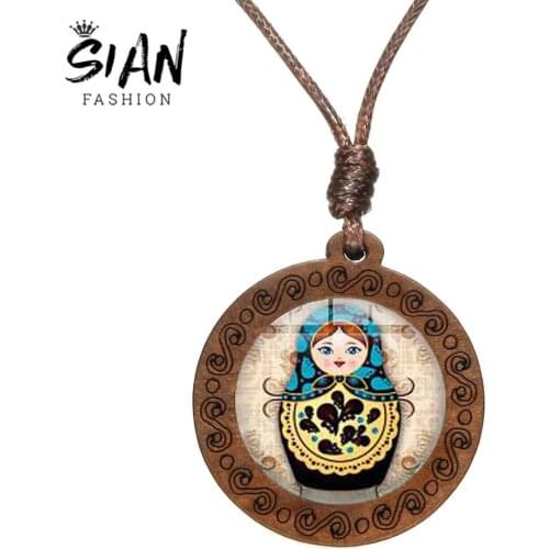 SIAN Lovely Russian Dolls Necklace Multistyle Matryoshka Kawaii Art Pattern Wooden Pendant Glass Round Ethnic Jewelry for Women