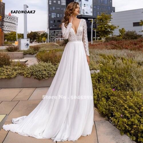 Sexy Chiffon Boho Wedding Dresses 2021 V Neck Long Sleeves Beach A Line Bridal Gown Robe De Mariée Vestidos Sukienki Online Shop
