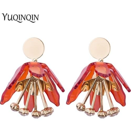 Classic New Fashion Drop Resin Flower Earrings for Women Big Metal Dangling Acrylic Earring With Crystal Elegant Wedding Jewelry
