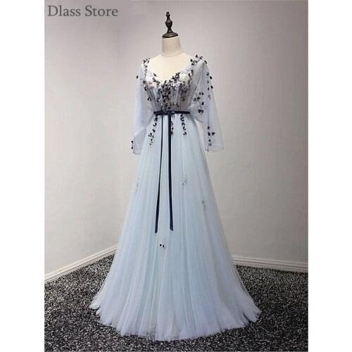 Light Blue Prom Dresses V-neck Cap Three Quarter Sleeves Flowers A-line Floor Length Backless Evening Dress вечерние платья