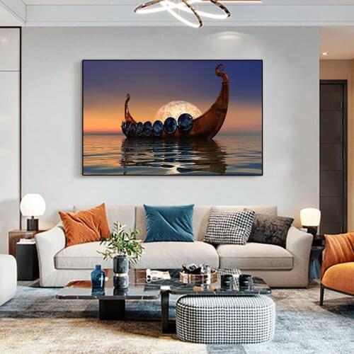 Creative Wooden Boat Canvas Painting Sunset Landscape Posters and Prints Wall Pictures Modern Living Room Home Decoration