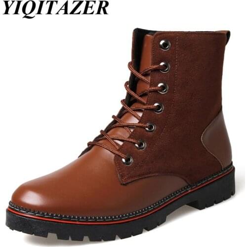 2017 YIQITAZER Waterproof Ankle Army Motorcycle boots Men Leather Shoes,Rubber Soles Lace up Military Boots Man Shoes Black