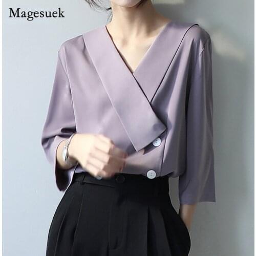 Seven Sleeve Chiffon Women Blouses 2021 Summer Korean V-neck Shirts Women Button Plus Size Female Clothing Bluzka Damska 14759