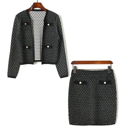 PERHAPS U Women Black White Plaid Tweed Button Jacket Mini Skirt Pencil 2 Two Pieces Set Elegant Winter T0260